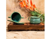 Caffeine Handmade Ceramic/Stoneware Bubble Double-Handled Soup Bowl with Spoon (Green) Set of 2 Rs. 394