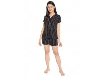 Clovia Women’s Cotton Button Me Up Sassy Stripes Shirt & Shorts in Black Rs. 739