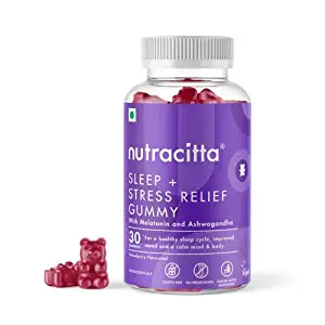 Nutracitta Sleep + Stress Relief Gummies for Adults Men & Women | Enriched with 5 mg Melatonin & Ashwagandha | Vegetarian Strawberry Flavour | 30 Count (Pack of 1) Rs. 325