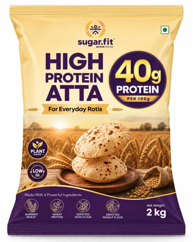 Sugar.fit High Protein Atta 2 KG | 40g Protein per 100g | Blend of Sharbati, Wheat Protein, Defatted Soya Flour & Defatted Peanut Flour | Low GI, No Rs. 499