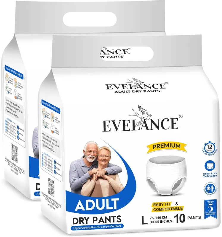 adult diapers, Size L 20 diapers, odor lock technology & easy fit diaper pants, with 12 hours of protection (Pack of 2)