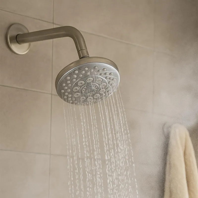 Amazon Basics Shower Head for Bathroom | Round Multifunction 5-Spray Overhead Shower | Wall Mount Bathroom Shower with Pause Function, Chrome Finish, Rs. 266