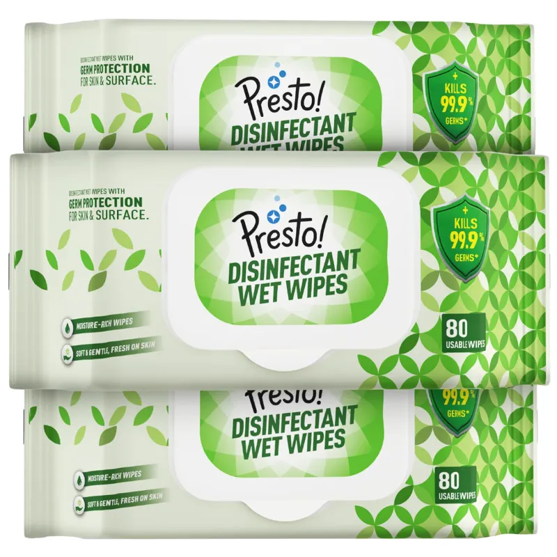 Amazon Brand – Presto! Disinfectant Wet Wipes With Lid | 240 Count | (80 Counts x Pack of 3) | Germ Protection for Skin and Surface Rs. 299