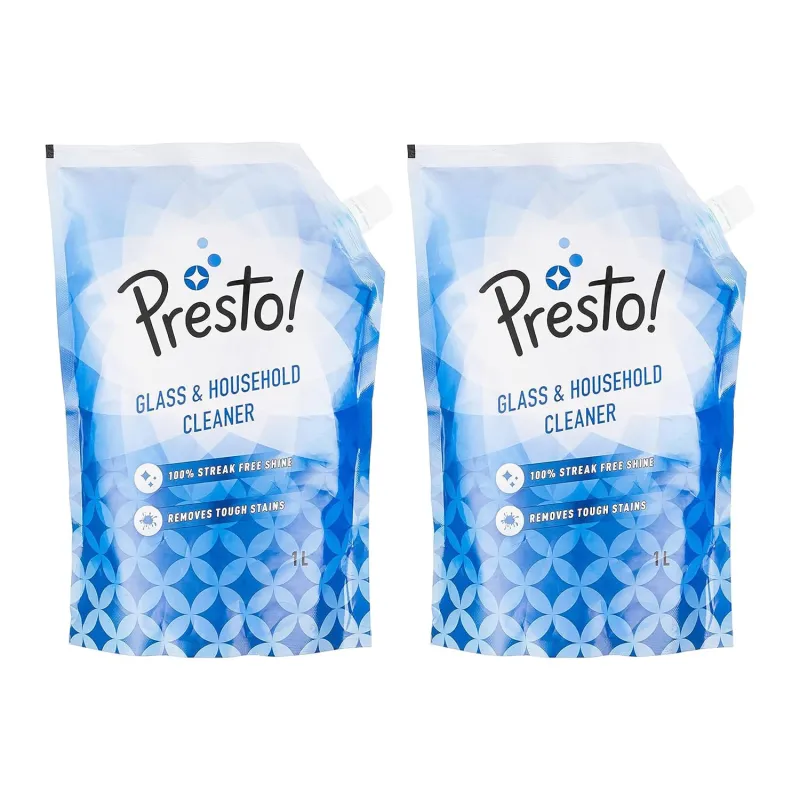 Amazon Brand – Presto! Glass & Household Cleaner | 2 Litre Refill Pouch | 1 L X 2 Packs | Suitable For Glass, Mirrors, Appliances Like Microwaves,