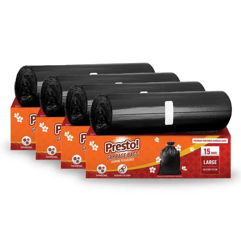 Amazon Brand – Presto! Premium Perfume Garbage Bags on Roll with Tie String | Large | 25×30 Inch | 60 Count | 15 X 4 Packs | Black Rs. 209