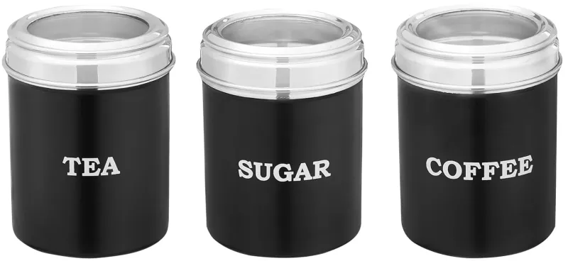 Amazon Brand – Solimo Stainless Steel See-Through Canister SET For Tea-Coffee-Sugar | BIS-Approved | 600ml I Matte Black I Set of 3 Rs. 468
