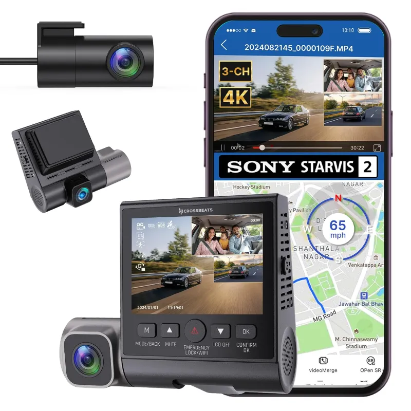 [Apay ICICI CC] Crossbeats RoadEye DC04 4K Dash Cam for Car | Cabin, Front and Rear 3 Channel Dashcam for car | Sony STARVIS 2 Sensor | Built-in GPS | WiFi | Night Rs. 9735
