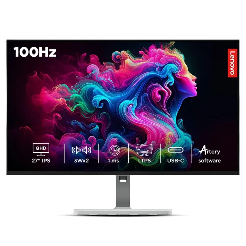 [Apay ICICI CC] Lenovo L-Series 27 inch (68.5cm) QHD IPS Monitor, 100Hz, 1ms, 99% sRGB, 90% DCI-P3, 3Wx2 Speakers, 1xUSB-C, 2X HDMI 2.1, Tilt, Swivel, Pivot Height