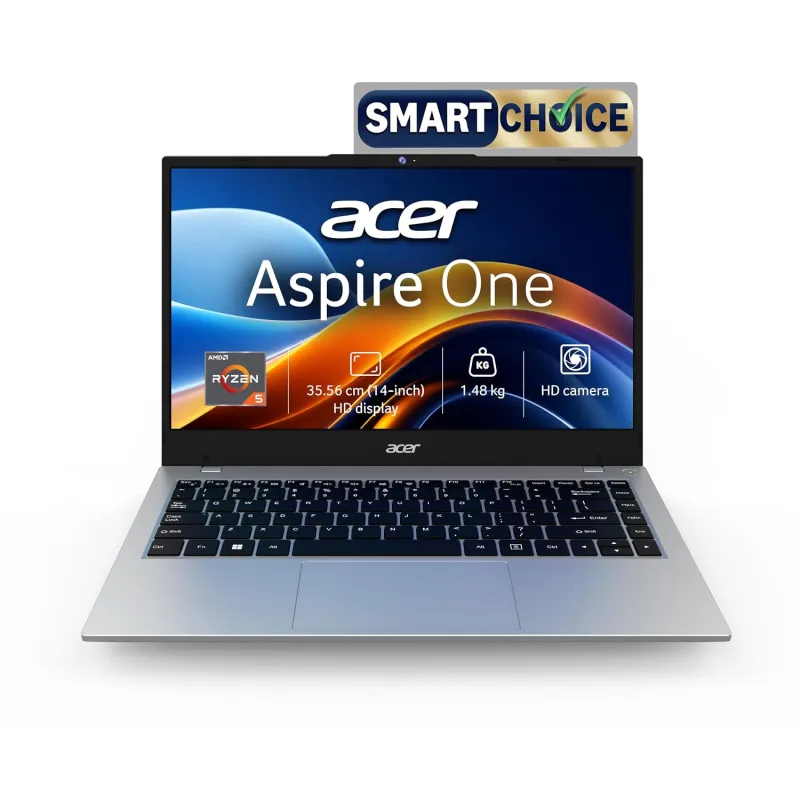 [Apay ICICI NC EMI] Acer Smartchoice Aspire One, AMD Ryzen 5-40, 8GB LPDDR5 RAM/ 512GB SSD, 14.0″/35.56cm WXGA Display, Win 11 Home, Pure Silver, 1.48KG, A114-43, Thin Rs. 42490
