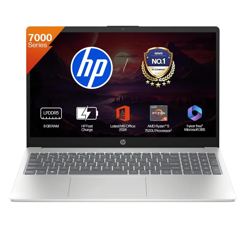 [Apay ICICI NC EMI] HP 15, AMD Ryzen 5 7520U (8GB LPDDR5, 512GB SSD) FHD, Anti-Glare, Micro-Edge, 15.6”/39.6cm, Win11, M365 Basic(1yr), Offic24, Silver,1.59kg, Rs. 49240