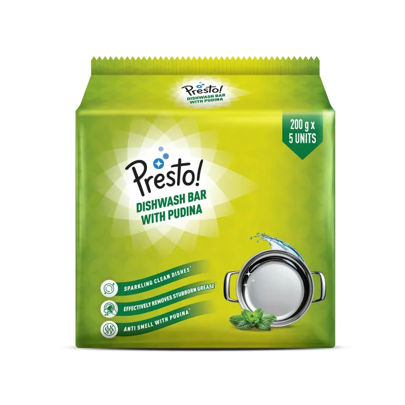 [Apply 3% Coupon] Amazon Brand – Presto! Dishwash Bar – Pudina | 200g | 5 Bars Each X Pack of 1 | Removes Tough Grease | Fresh Pudina Fragrance | Gentle on Hands Rs. 101