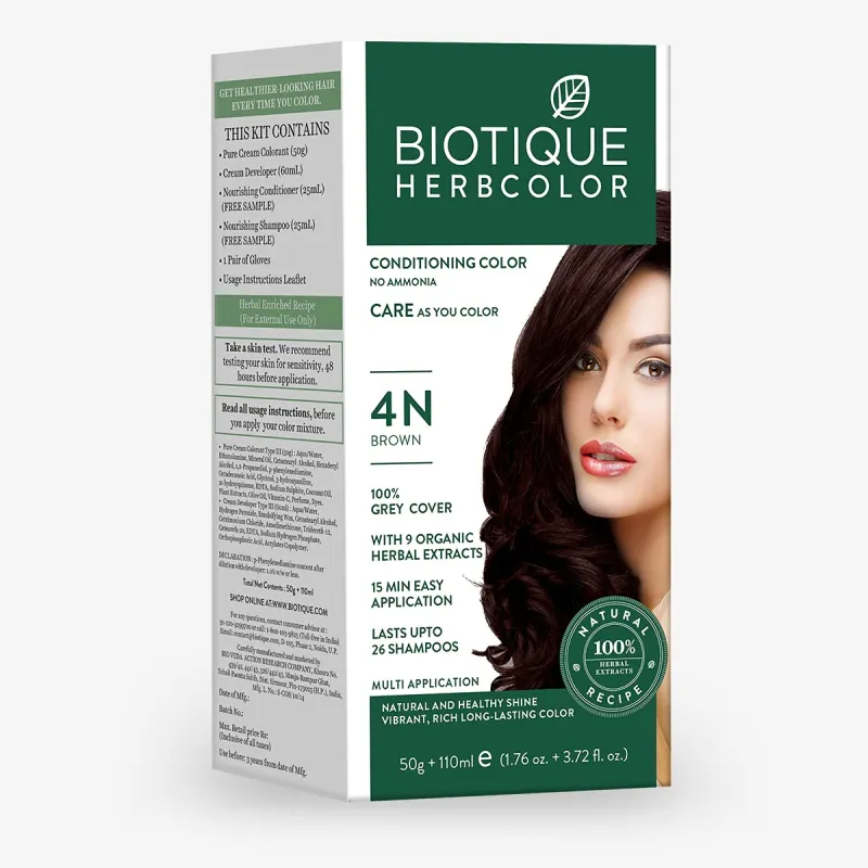 [Apply 3% Coupon] Biotique Herbcolor Conditioning Hair Colour l Ammonia Free Hair Color l 9 Organic Herbal Extracts l Natural and Healthy Shine l 50g + 110ml| Brown 4N Rs. 150