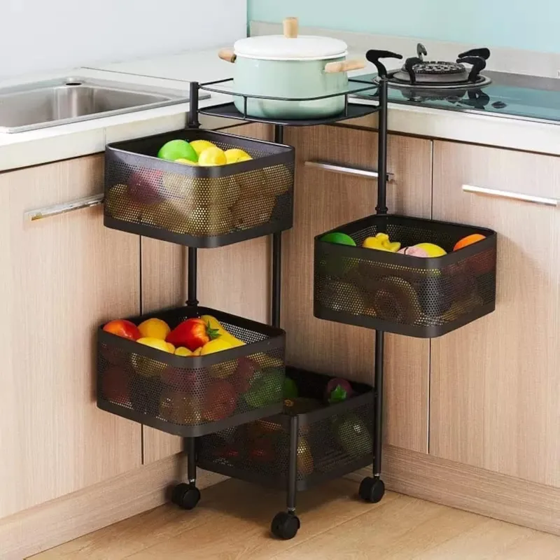 [Apply 3% Coupon] Privesh® Metal 4 Layer Kitchen Rotating Trolley Portable Storage Rack Square Design Fruits & Vegetable Onion Cutlery, Spice, Jars Container Basket Rs. 2009