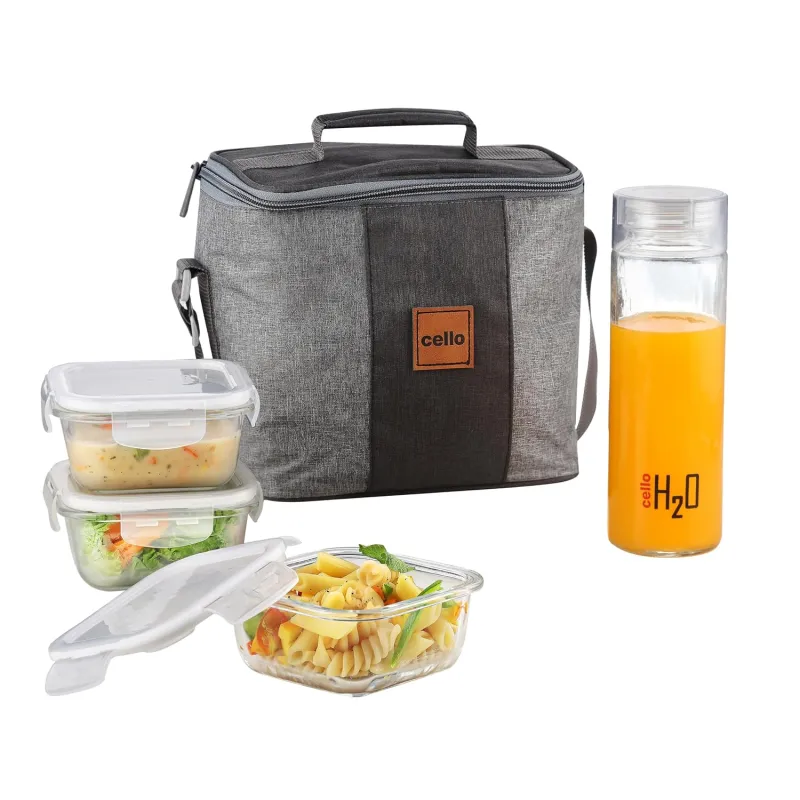 [Apply 30% Coupon] CELLO Glassy Square Lunch Box with Jacket for Office, Transparent | 3 x 320ml Containers & 1 x 500ml Glass Bottle, Microwave Safe Leadfree Toughened Rs. 491