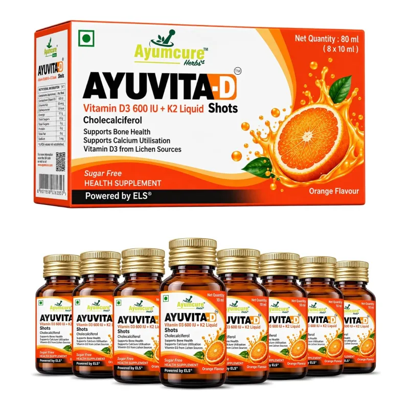 [Apply 45% Coupon] Ayuvita-D Vitamin D3 600 IU + K2 Liquid Shots | Orange Flavour | 8 x 10 ml Rs. 219