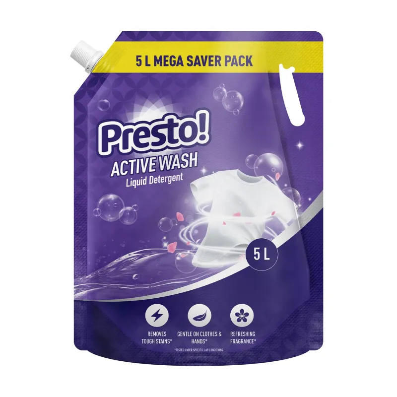 [Apply 5% Coupon] Amazon Brand – Presto! Active Wash Liquid Detergent Refill Pack 5L | Refreshing Fragrance | Powerful Stain Removal for Machine Wash Rs. 379