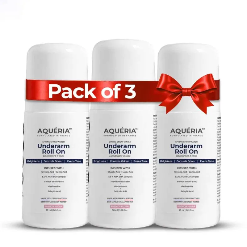 [Apply 5% Coupon] Aqueria Pack of 3 5.5% AHA BHA French Underarm Brightening Roll On | 48H Odour Control | Flora Fragrance with 2% Niacinamide | Multi Actives, Rs. 356