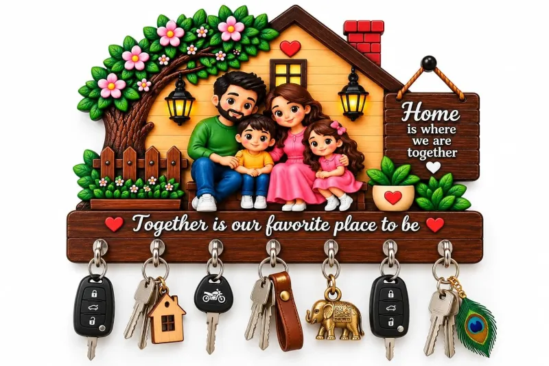 [Apply 5% Coupon] Family Theme Wooden Wall Key Holder with 7 Metal Hooks for Home Entrance and Key Organizer Rs. 151