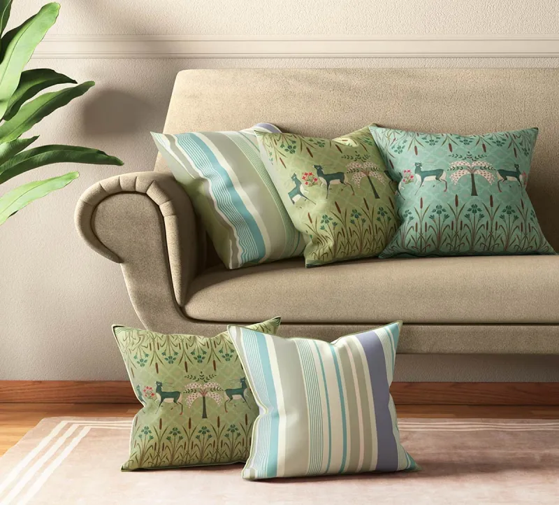 [Apply 5% Coupon] India Circus by Krsnaa Mehta Geometrical Deer’s Multicolor Satin Blend Cushion Pillow Covers Set of 5 (16 x 16 Inches) 110 TC Rs. 759