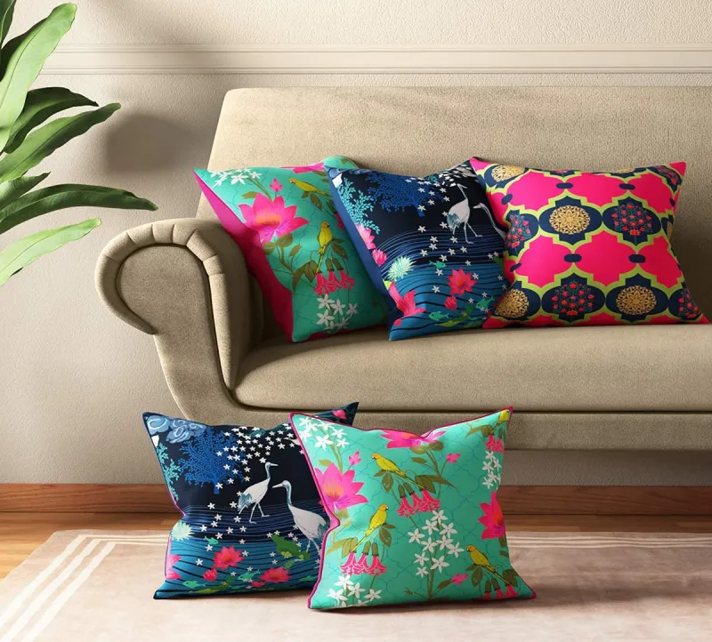 [Apply 5% Coupon] India Circus by Krsnaa Mehta Blooms & Swans Multicolor Satin Blend Cushion Pillow Covers Set of 5 (16 x 16 Inches) Rs. 759