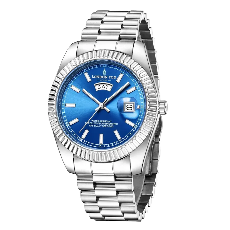 [Apply 5% Coupon] London Fog Oxford Collection Analog Quartz Watch for Men with Round Dial and Stainless Steel Strap, Fluted Metal Case, Day & Date Display, Luminous Rs. 1581