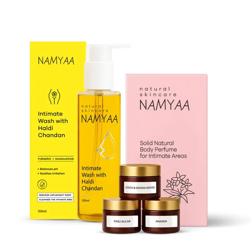 [Apply 5% Coupon] Namyaa Intimate Smell Good Kit- Combo Pack of Intimate Solid Perfume 45g & Haldi Chandan Intimate Wash 100g | With Germ and Odour Protection Rs. 360