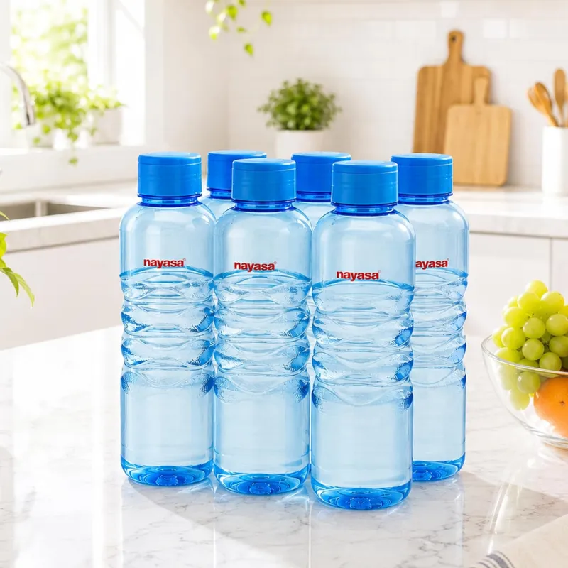 [Apply 5% Coupon] Nayasa Revello 1000 ML Pet Plastic Fridge Water Bottles Set of 6 | BPA Free | Leak Proof | Airtight Lid | Blue Rs. 196