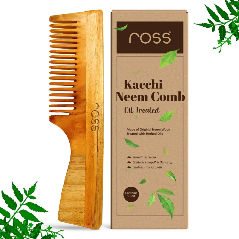 [Apply 5% Coupon] Ross Wide-Tooth Kacchi Neem Comb | Oil-Treated with Neem Oil, Bhringraj & 15+ Ayurvedic Herbs | Anti-Hair Fall, Dandruff & Frizz Control | Herbal Rs. 113