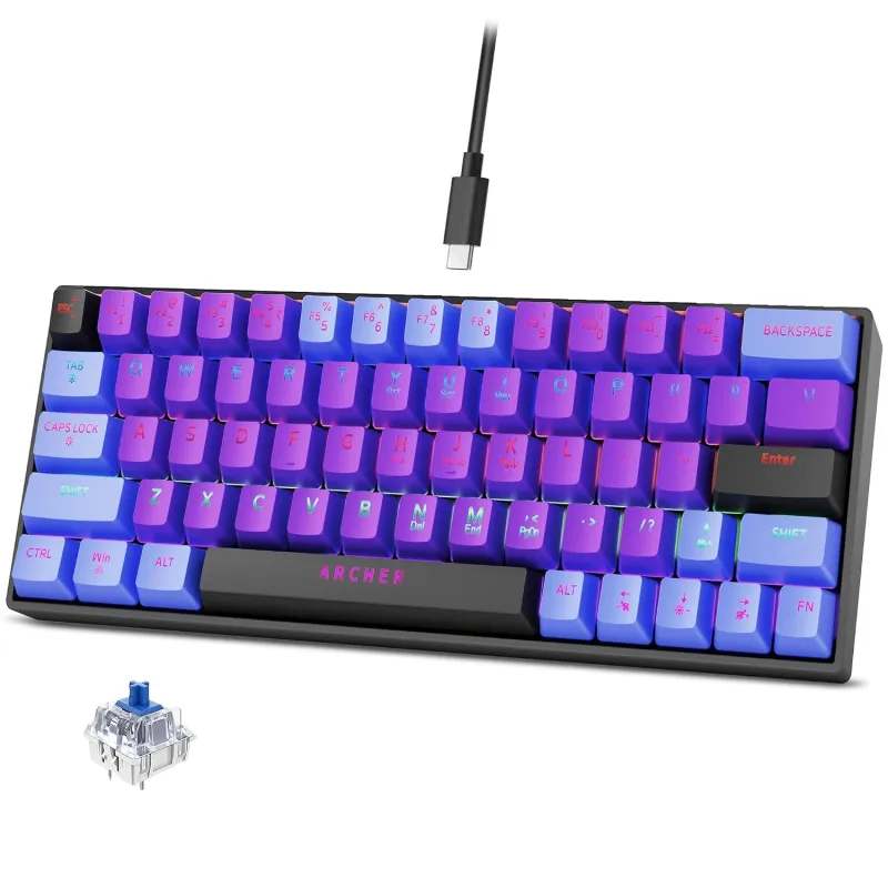Archer Tech Lab Wired Mechanical Gaming Keyboard| 60% Compact, 63 Keys+ 26 Anti-Ghosting, Blue Switches Tactile Feedback, 17 RGB Effects, 50 Million Rs. 1738