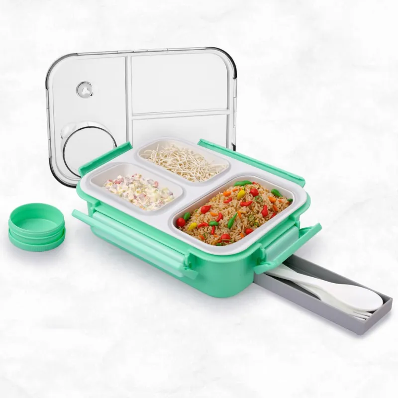 ATTRO Smart 3 Compartment Lunch Box with Small Container Spoon & Fork Included Four Side Snap Lock Breathable Button Design Leak-Proof BPA Free Food Rs. 157