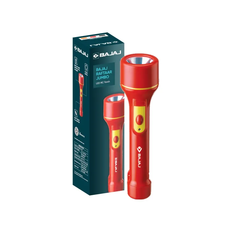 Bajaj Raftaar Jumbo LED RC Torch | Upto 4 Hrs Backup | 3 Mode Switch | 6 Months – Warranty (Pack of 1, Red) Rs. 390