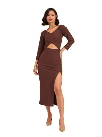 barcino Black Rib Side Slit Wrap Neck Cut-Out Midi Dress Rs. 219