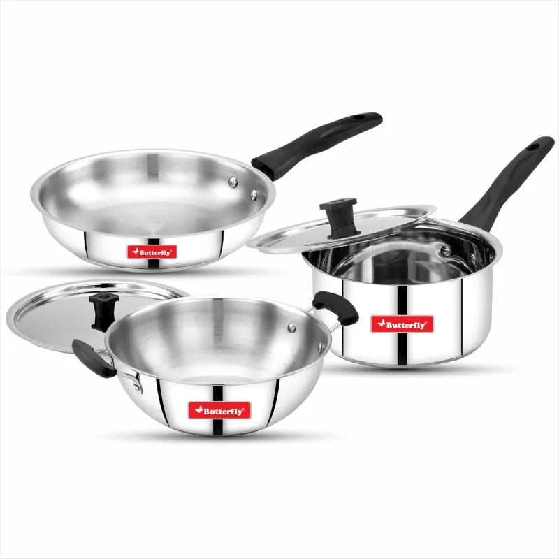 Butterfly Classic Stainless Steel Cookware 5 Pcs Set|Fry Pan 22Cm(1.4L)|Kadai 22Cm(2.2L)|Saucepan 16Cm(1.6L) with Steel Lids|Induction Base,Triply Rs. 1352