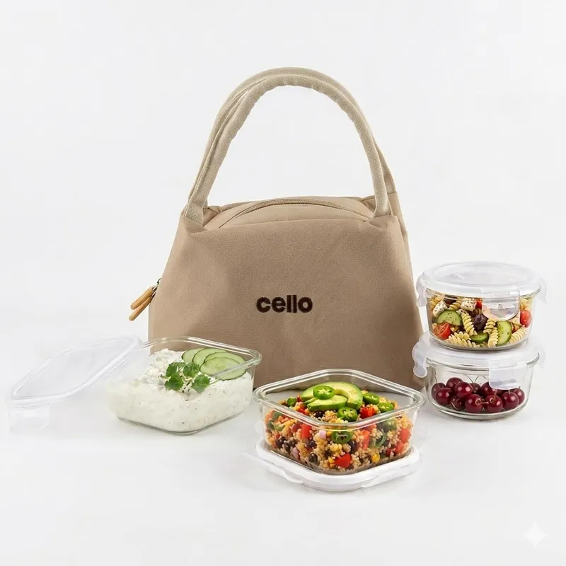 CELLO Alba Glass Lunch Box with Bag for Office Use, Beige | 2 x 320ml Square + 2 x 240ml Round Microwave Safe Containers with Spoon & Fork, Fridge Rs. 749