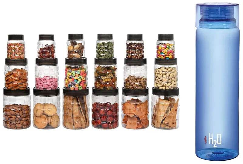 Cello Checkers Plastic PET Canister Set, 18 Pieces, Clear & H2O Unbreakable Plastic Bottle, 1 Litre, Assorted Colour Combo Rs. 540
