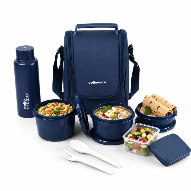 CELLO MF All in One Lunch Box with Bag for Office Use, Blue | 225ml, 375ml, 550ml Microwave Safe Containers, 175ml Salad Box, 500ml Bottle with Fork