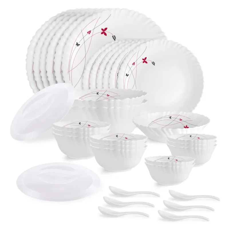 Cello Opalware Dazzle Series Lush Fiesta 35 Piece Dinner Set Serving for 6 | Bone Ash-Free | Lightweight, Elegant White Plates & Bowls Set | Opal Rs. 1765
