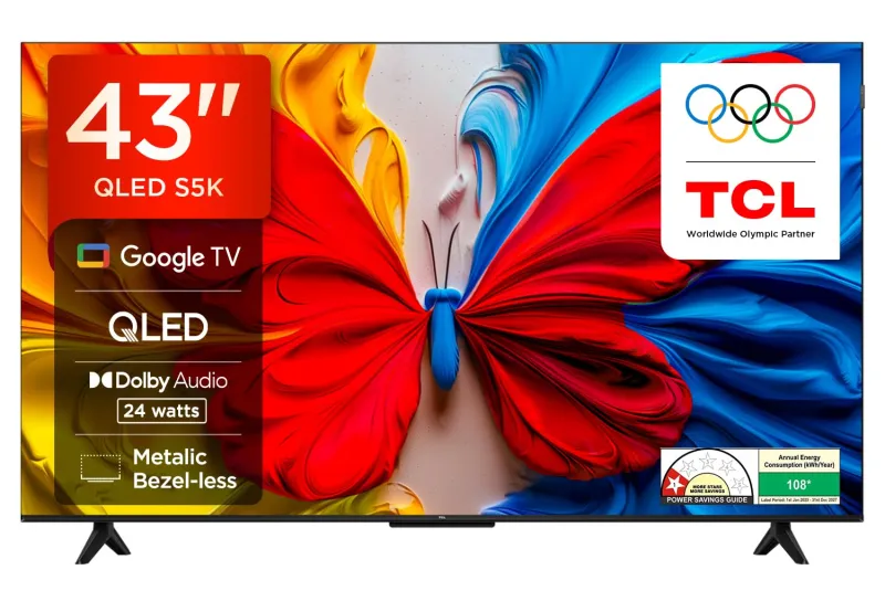 [Coupon + Apay ICICI NC EMI] TCL 108 cm (43 inches) FHD Smart QLED Google TV | Dolby Audio 24 watts | HDR 10 | Metallic Bezel-Less | Multiple Viewing Mode | 43S5K Rs. 23490