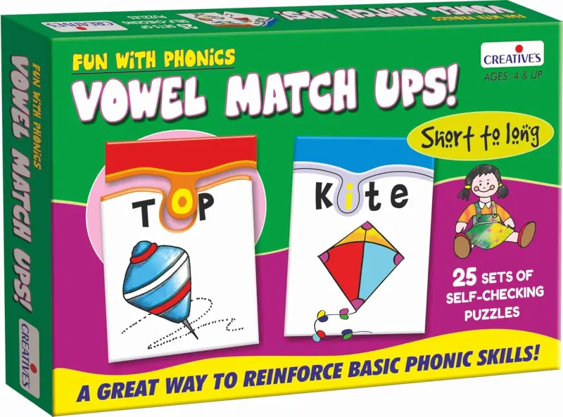 Creative’s Fun with Phonics Vowel Match-Ups for Kids Ages 4+ Years, 25 Two-Piece Puzzles, Short & Long Vowel Sounds, Spelling, Phonics Reading & Word