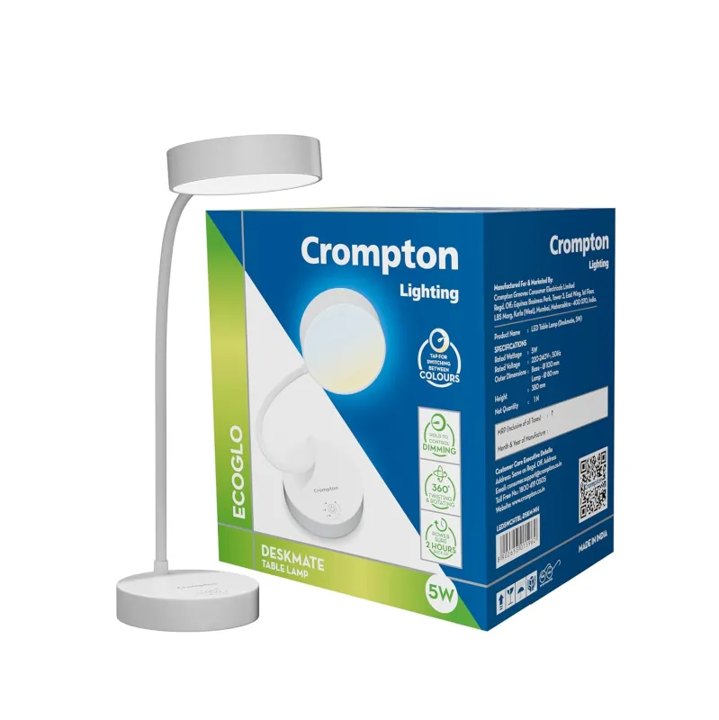 Crompton Plastic Deskmate 5W USB Rechargeable LED Desk Lamp | Flexible Neck, Colour-Changing & Smooth Dimming | Flame-Safe Design | Pack of 1, Rs. 379