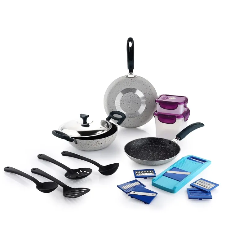 Crystal 11 Pcs Non Stick Cookware Set with Storage Containers | Gas Stove Friendly | Tawa, Fry Pan, Kadhai with Lid, 4 Serving Spoons, 2 Containers & Rs. 1306