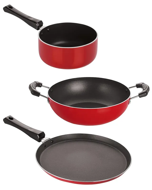 Deluxe Non-Stick Set of Kitchenware Utensils Aluminium Red & Black Flat Tawa 30 cm, Kadai 1.5 LTR, Saucepan Medium 1.5 LTR Best Price Deal. Rs. 1062