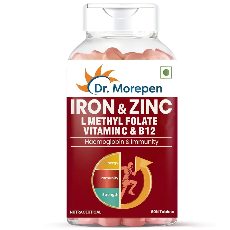 DR. MOREPEN Iron & Zinc Tablets | Enriched with Iron, Zinc, Vitamin C & B12 | Natural & Safe for Men and Women | 60 Veg Tablets Rs. 299