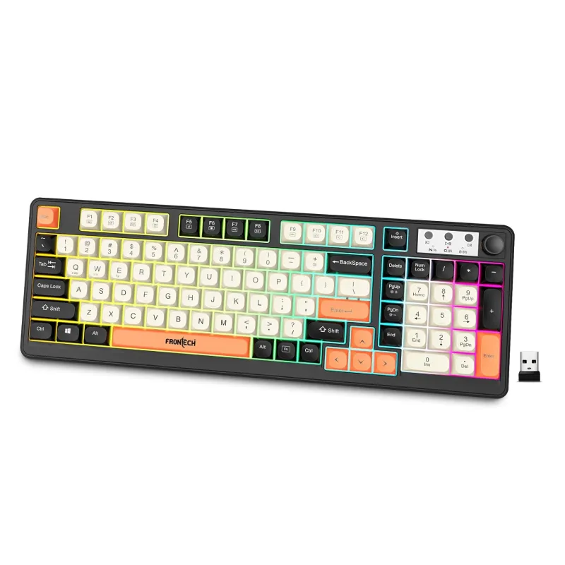 FRONTECH Wireless Gaming Keyboard, 98 Keys Layout, 19 Anti-Ghosting Keys, Dual Wireless 2.4GHz & Bluetooth 5.1, Rainbow Backlight, 2000mAh Battery, Rs. 1172
