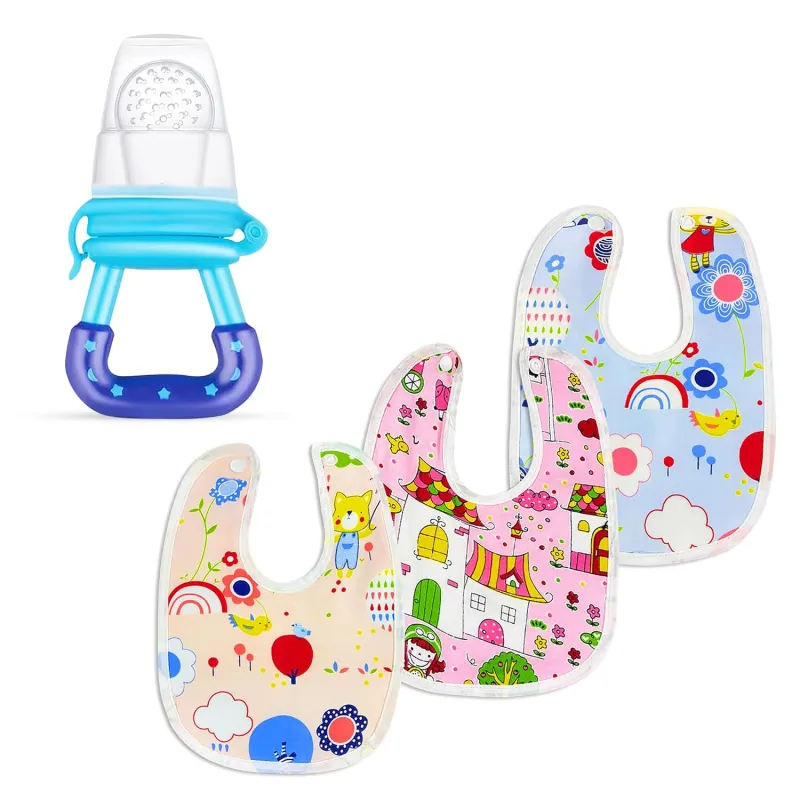 GLUN® 3 Piece Feeding Bibs & 1 Piece Fruit Nipple Nibbler Combo Set for Babies, Toddlers Aged 8-36 Months, Cute Print Washable Baby Bibs & Nibbler Rs. 98