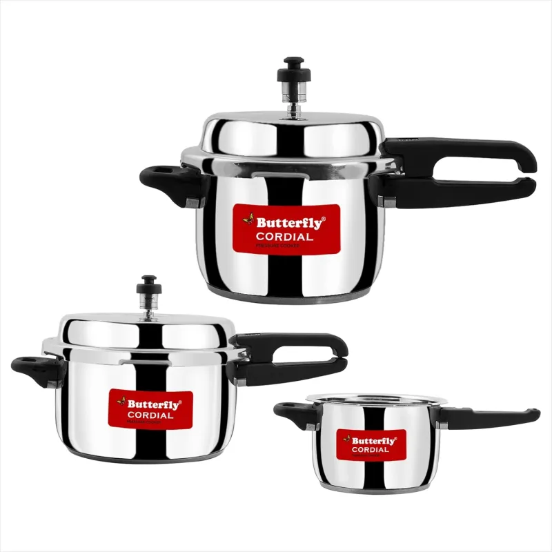 [HDFC CC] Butterfly Cordial 2L, 3L & 5L SS Pressure Cooker Combo | Stainless Steel | Induction & Gas Stove Compatible| ISI Certified| Triple Safety System| Rs. 2700
