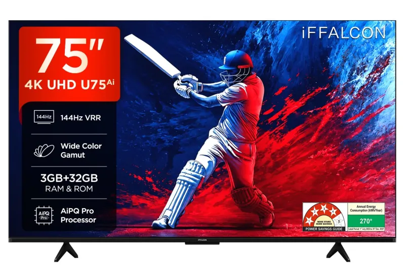 [HDFC/ICICI/Axis CC] iFFALCON 189 cm (75 Inches) 4K UHD Smart LED Google TV | 144Hz VRR | 3GB RAM | Dolby Vision & Atmos | Game Master | 75U75 Rs. 57999