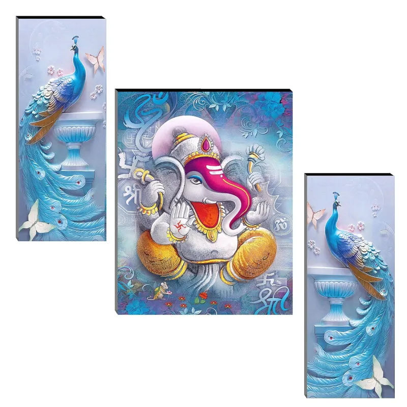 Indianara Set of 3 Ganesha with Peacocks MDF Art Painting (3880FL) without glass 4.5 X 12, 9 X 12, 4.5 X 12 INCH Rs. 99