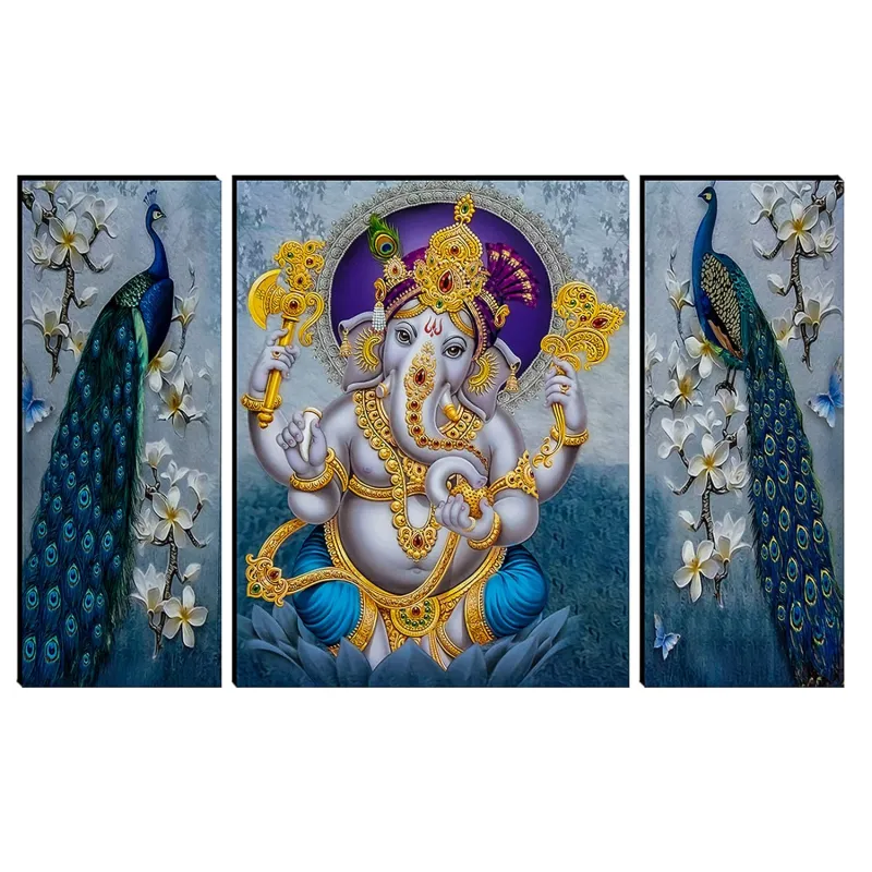 Indianara Set of 3 Lord Ganesha with Pair of Peacocks MDF Art Painting (3506 FL) without glass 4.5 X 12, 9 X 12, 4.5 X 12 INCH Rs. 99