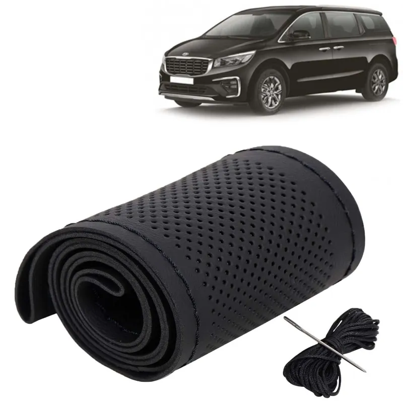 KINGSWAY® PU Leatherite Car Steering Cover Sewable Compatible with Kia Carnival (Year 2020 Onwards), Black Color with Black Thread, Pack of 1 with Rs. 87